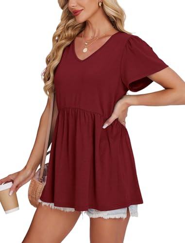 Image of OFEEFAN Womens Summer Tops Babydoll Short Sleeve Shirts Puff Sleeve Peplum Tops V Neck T Shirts