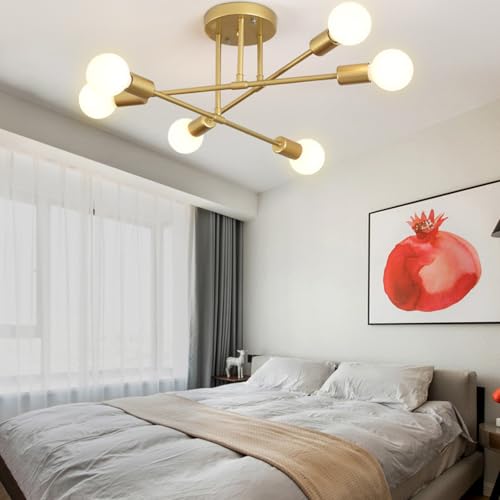 Plafonnier industriel vintage Sputnik 6 lumières dorées E27 pour salon