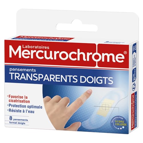 MERCUROCHROME - Pansements Transparents Doigts - Favorise la Cicatrisation - Protection Optimale - Résiste à l'eau - 8 Pansements - Technologie Hydrocolloïde