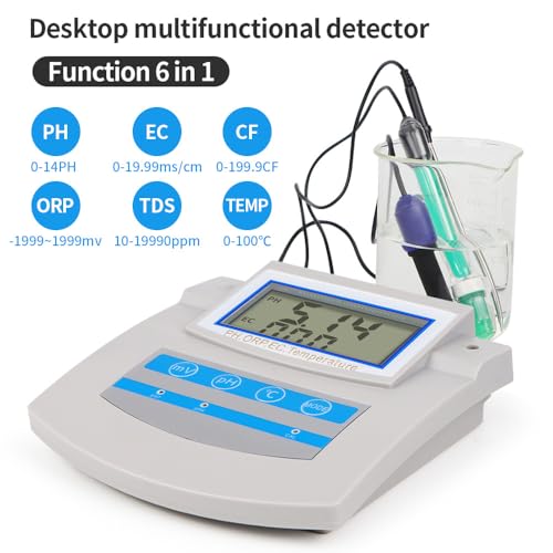Tester di qualità dell'acqua 6 in 1 – PH ORP TDS EC CF Misurazione della temperatura con calibrazione manuale e schermo LED per acquario, laboratorio, pesca, fattoria