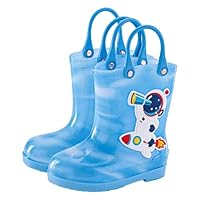 Kids Rain Boots Waterproof Astronaut Pattern Light Weight Pull On Handles Non Slip Rubber Shoes for Toddlers (Sky Blue, 8 Little Child)