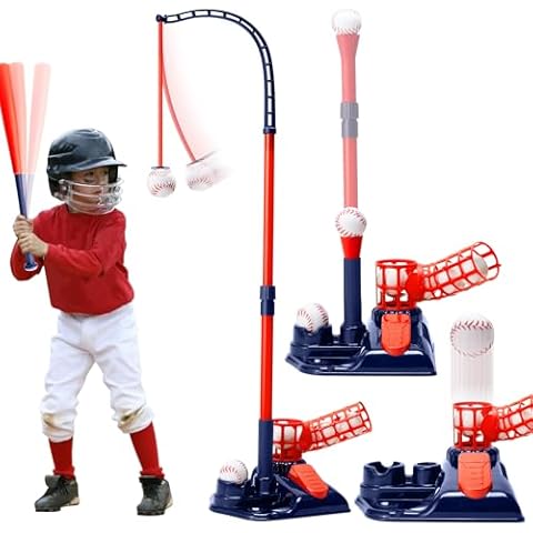 3-in-1 Tee Ball Set for Kids, Height Adjustable Baseball Set with Auto Pitching Machine/T Ball Stand/Hanging Tee/Retractable Bat/6 Softballs, Indoor Outdoor Sports Toys for Boys Girls 3-5 5-8, Blue Cover