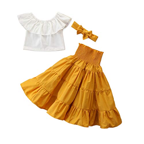 Toddler Baby Girls Summer Clothes 1-7Y Kids Girl Off Shoulder Crop Tops Ruffle Skirt Tutu Dress Outfits Set (Yellow, 2-3T)