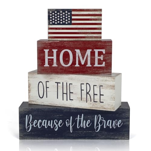 4th of July Decorations, 4 Sets Patriotic Wooden Block Table Centerpieces, Red White...