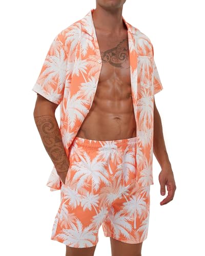 Poekuao Men's Hawaiian Matching Swim Set 2 Piece Summer Swimwear Set Beach Outfits Swim Trunks Shorts with Tropical Hawaii Shirts Suits (orange print,xl)