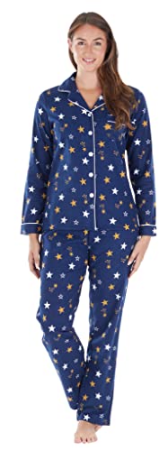 PajamaMania Women's Cotton Flannel Long Sleeve Button-Down Pajamas PJ Set, Navy Shooting star, Medium