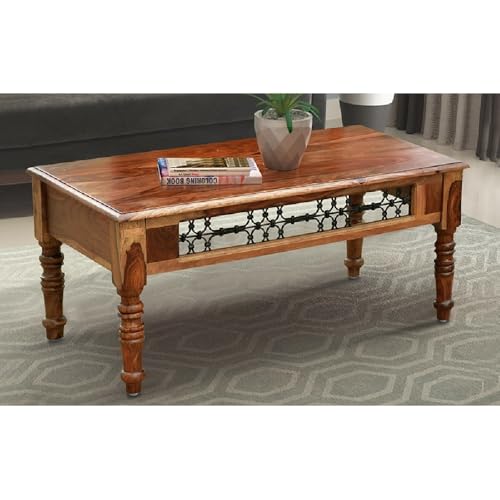 Image of Royaloak Hilton Wooden Coffee Table | Solid Sheesham Wood | Intricate Metal Jaali Work Adds Sophistication | Ample Surface Area | Timeless Center Table | Durable & Long Lasting Coffee Table