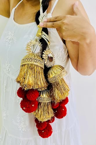Image of Zippy Flora Heer Parandi (Golden) | Handmade Boho Traditional Hair Accessory with Braid Tassels & Ghoonghru | Women's Ethnic Hair Extension for Choti, Braids, Bridal & Festive Hairstyles