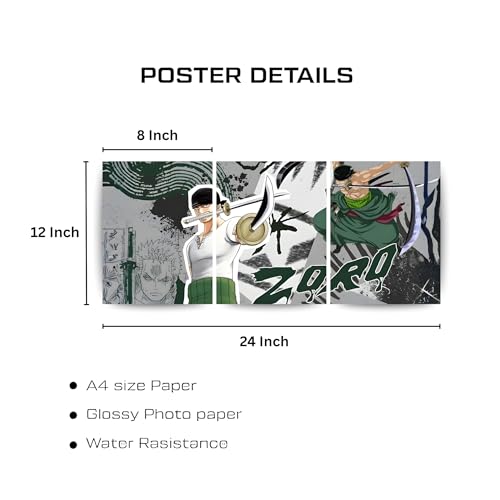 Image of ADRAIL STORE One Piece Anime Manga Poster, Zoro Character Design Wall Poster 3 Panal - A4 Size, 300 GSM, Wall Decor Posters Wall Art For Bedroom, Living room, Office, Dining Room,No Frame (Zoro-3)