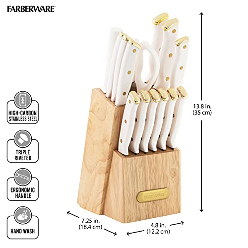 FARBERWARE 15-Piece Knife Block Set, Triple-Riveted High-Carbon Stainless Steel Kitchen Knives, Razor Sharp Blades, Wood Storage Block, White/gold by Farberware - Image 3