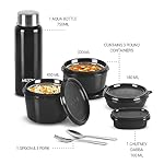 MILTON Pro Lunch Box with Steel Cutlery, 3 Microwave Safe Inner Steel Containers (180ml, 320ml, 450ml) Plastic Chutney Dabba 100ml, Bottle 750ml with Insulated Bag, Office Tiffin, Black - MSDeals