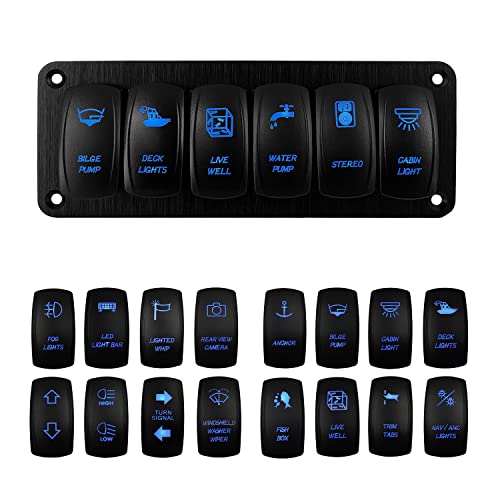 Image of 6 Gang Blue Customizable Rocker Switch Panel Pre-Built Aluminum Toggle Switch Panel with Holder Housing for Marine Boat Yacht Automotive 12V 24V IP66