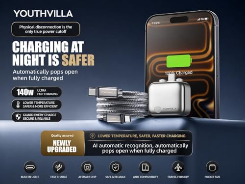Image of Smart Charger Adapter with Built-in USB-C, 140W Fast Charging, Auto Disconnect, for Android, iPhone, Tablet, Switch