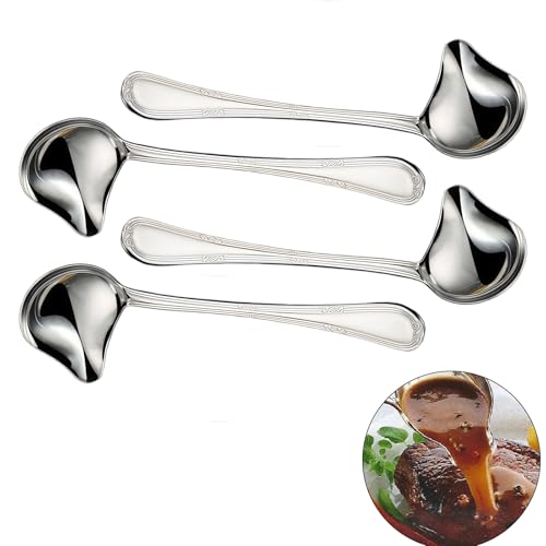 TOATELU Lot de 4 louches à soupe en acier inoxydable : louche à sauce avec bec incliné, 28 cm de large, surface de louche à soupe, cuillères à soupe, passent au lave-vaisselle, louches à long manche
