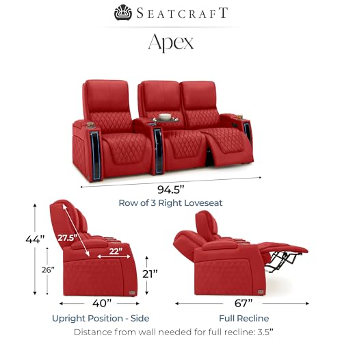 Image of Seatcraft Apex Red Italian Leather Home Theater Seating, Zero Gravity Power Recliner Chair, Powered Headrest and Lumbar Gaming and Lounge Sofa Furniture for Cinema Room, Row of 3 Right Loveseats