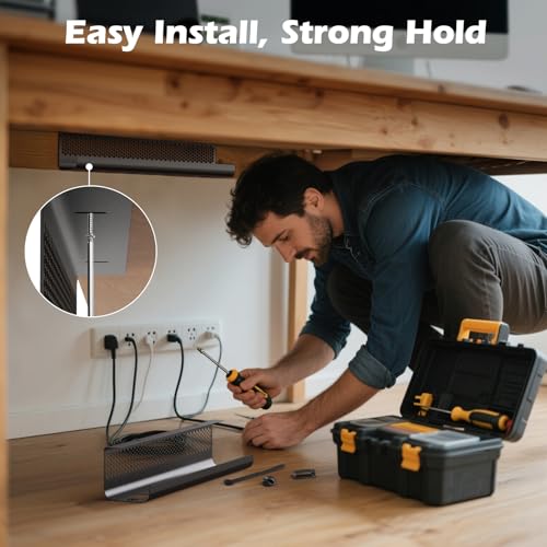 Cable Management Under Desk 26PCS - Cable Management Tray Kit Ventilated Hexagonal Design with Cable Clips, Wire Ties, Cord Holder & Screws for Office, Home - 2 Black Sets - Image 6