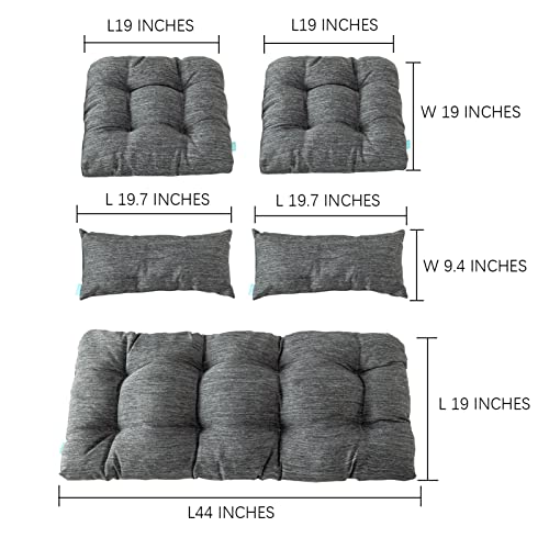 Image of QILLOWAY Outdoor Wicker Cushion Set of 5 - Waterproof Fade Resistant Patio Furniture Cushions, Loveseat 2 U-Shape 2 Lumbar Pillows for Porch, Bench, Backyard, Garden, Charcoal Grey,Black