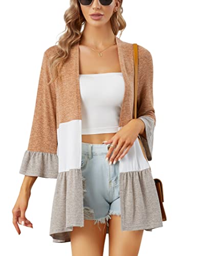 Women's Lightweight Cardigan 3/4 Bell Sleeves Color Block Open Front Cardigan Sweater Knit Ruffles Long Cardigans Khaki L #TOP14