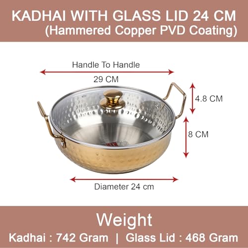 Image of Zaib TOPSYTUVRY Stainless Steel Hammered Gold PVD Coated Kadhai with Glass Lid 24 CM | Heavy Gauge Kadai for Cooking, Frying & Deep Frying