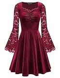 Gothic Steampunk Abendkleider Damen Knielang mit Spitze Wikinger Swing-Kleid Rotwein M