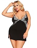 comeondear Negligee Damen Spitze Babydoll Nachtwäsche Modal Nachthemd Nachtkleid V-Ausschnitt Sleepwear Große Größen Reizwäsche Dessous mit G-String Schwarz XL-XXL/44-46