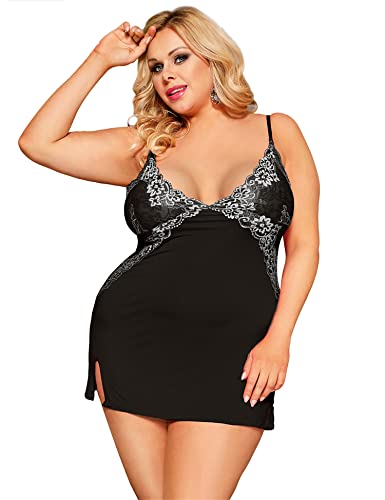 comeondear Negligee Damen Spitze Babydoll Nachtwäsche Modal Nachthemd Nachtkleid V-Ausschnitt Sleepwear Große Größen Reizwäsche Dessous mit G-String Schwarz XS-S/36-38 Cover