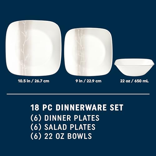 Corelle Vitrelle 18 Piece Glass Dinnerware Sets Rectangular Square Plate and Bowl Set Service for 6, Triple Layer Chip & Crack Resistant Glass Plate and Bowl Sets, Wandering Grove by Corelle - Image 2