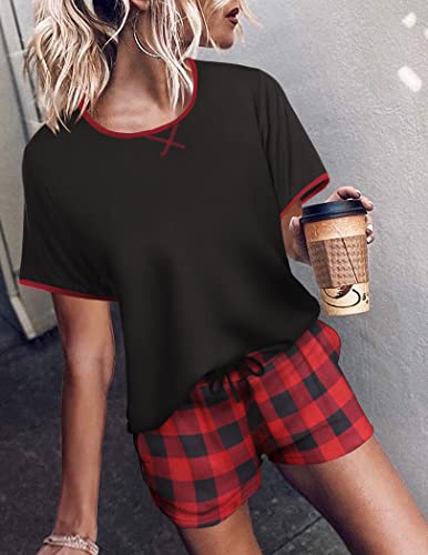 Ekouaer Pajamas Women Short Sleeve With Plaid Shorts Soft Sleepwear Sleep Set Casual Lounge Pj Set,Black, Red Plaid #TOP1