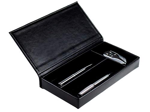 DELMON VARONE - Personalisierbarer Ablagekasten mit Deckel Premium Leder Cambridge schwarz - Stiftablage für Kugelschreiber, Füller & Schreibutensilien - Schreibgeräteetui mit 3 Fächer edel & elegant