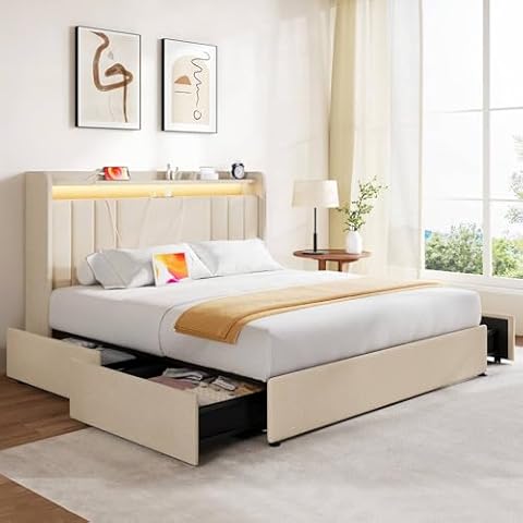 koorlian Queen Upholstered Bed Frame with 4 Storage Drawers, 51'' Tall Headboard Platform Bed Frames with RGB LED & USB Charging, 3 Adjust Height, Soft Fabric Wingback/Noise-Free/Metal Support, Beige Cover