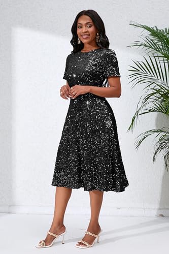 Image of Sequins Glitter Short Sleeve Women's Maxi A-line Dress - Sparkly Party Elegant