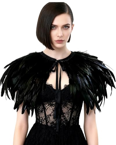 LVOW Fashion Feather Cape Stole Black Shrug Shawl Poncho Iridescent (black-sty05)