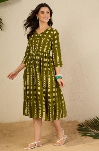 Image of Janasya Women's Olive Green Pure Cotton Geometric Printed Fit & Flare Dress