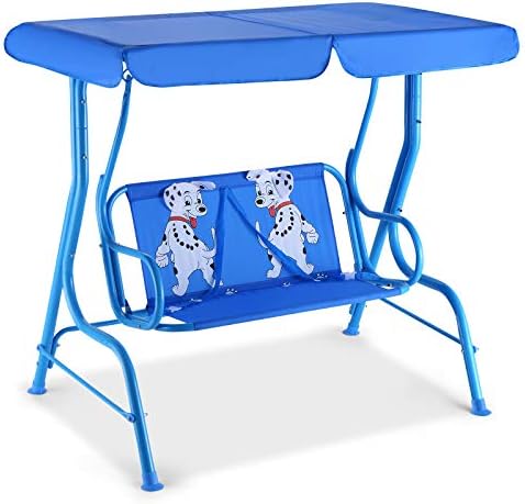COSTWAY Kids Patio Swing, Garden Hammock Chair with Safety Belt and Adjustable Canopy, 2 Seats Outdoor Swings for Children (Blue)