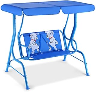 COSTWAY Kids Patio Swing, Garden Hammock Chair with Safety Belt and Adjustable Canopy, 2 Seats Outdoor Swings for Children (Blue)
