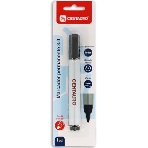 Centauro - Marqueur permanent noir, 3 mm, pointe conique, séchage rapide, encre à base d'huile, convient à tous les types de surfaces, métal, verre,...