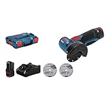 Bosch Professional 12V System Akku Winkelschleifer GWS 12V-76 (3 Trennscheiben, Scheibendurchmesser: 76 mm, inkl. 2x3.0Ah Akkus und Ladegerät, im Karton)