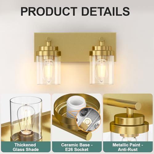 Image of IZORRO Bathroom Vanity Light Fixture, 2-Light 15 Inch Gold Bathroom Light Fixtures Over Mirror, with Clear Glass Shade, Modern Farmhouse Vanity Lights, Rustic Restroom Lighting Fixtures