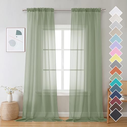 Image of OVZME 2 Pieces Sage Green Sheer Curtains 108 inch Length for Farmhouse, Light Filtering Window Panel for Living Room Bedroom Dining, Sage Green, Each W42 X L108