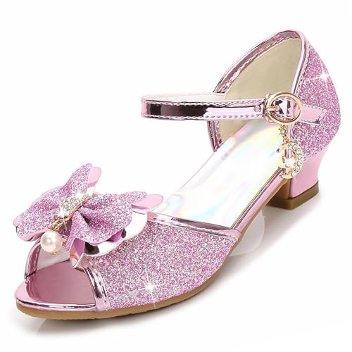 ZOUPREME Glitzer Prinzessinnenschuhe glänzende für Mädchen Mary Janes mit niedrigem Absatz Elegante Sandalen mit Klettverschluss (C-Pink 28)