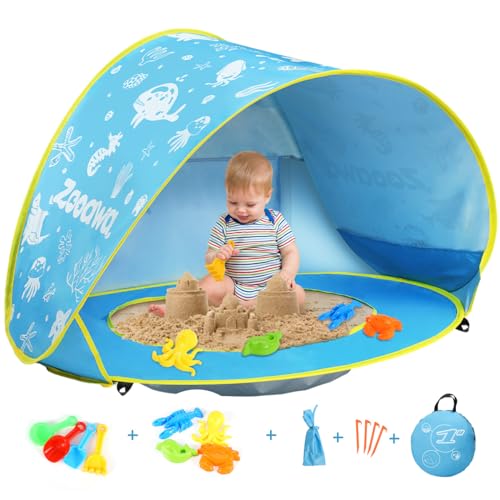 Image of Zooawa Baby Beach Tent, Pop Up Tent Canopy Sun Shelter for Babies, UV Protection Beach Puddle Pool Sun Shelter, Portable Sun Shade with Sand Toys Set, Infant Baby Kids Camping Summer Outdoor Must Have