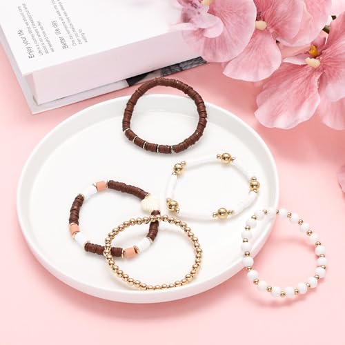 13pcs Surfer Trendy Heishi Clay Bead Bracelets Boho Beaded Stretch Bracelets for Women Bohemian Stackable Gold Beaded Elastic Layering Friendship Bracelets Set Summer Beach Boho Jewelry Gift3