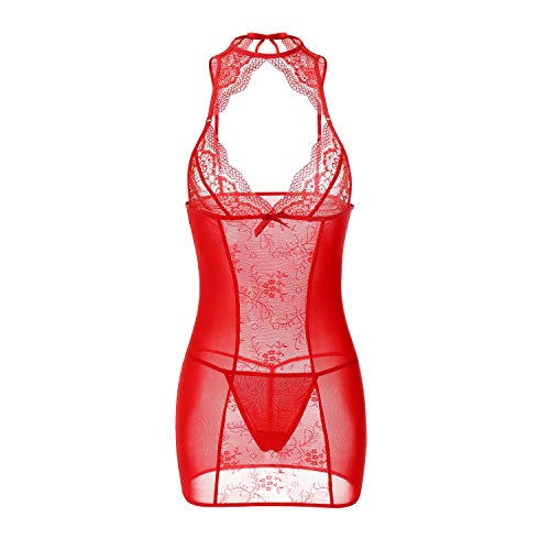 SUNSPICE Sexy Lingerie for Women Lace Babydoll Chemise Sleepwear Mesh Nightgown Red