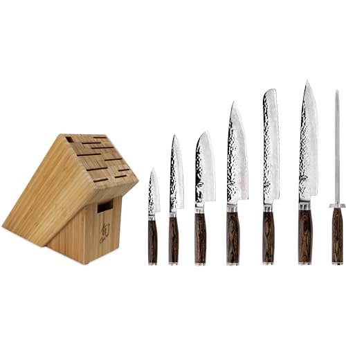 Shun Premier 8 Piece Professional Block Set, Includes 8" Chef, 4" Paring, 6.5" Utility, 9" Bread, 5.5&rdquo; Santoku & 9.5&rdquo; Slicing Knives, Handcrafted Japanese Knife Set, Pakkawood Handles