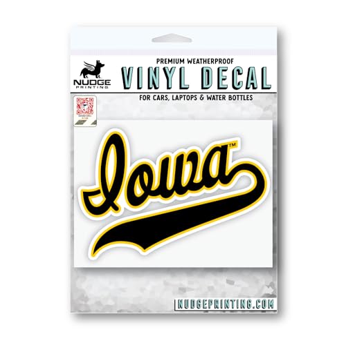Image of Nudge Printing University of Iowa Vintage Script Iowa Black and Gold Weatherproof Vinyl Sticker Car Decal from