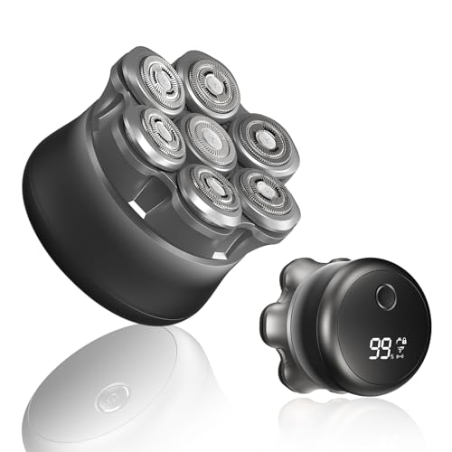 Rasoio Testa Calva Uomo 7D, Rasoio Elettrico Barba Magnetico, Regolabarba Uomo Wet/Dry, con 7 Testine Rotanti, Display LED e Ricarica USB Ricaricabile, per Capelli Barba e Viso Pulito (4in)