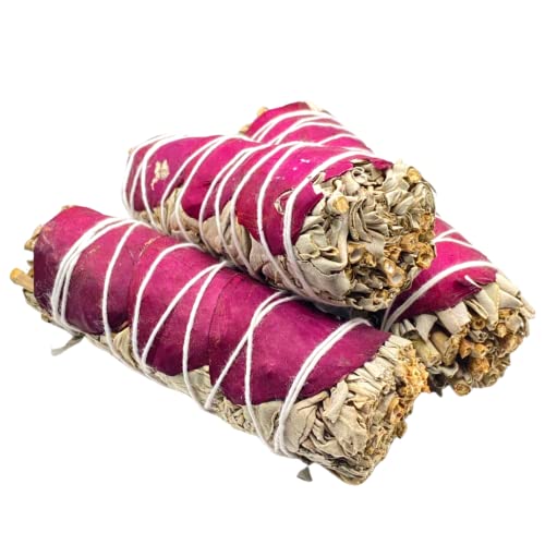 Yerbero - (3 Piece Sage Bundle) 3 Premium 4'' Long California Floral White Sage + Rose Petals (Red) | Smudging Kit for Love, Peace, Harmony, Home Cleansing, Meditation, Purifying