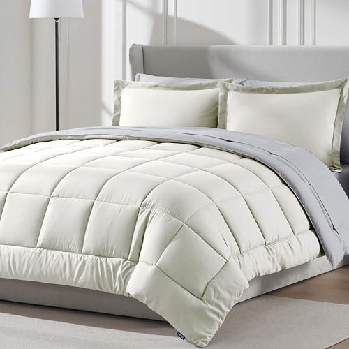 Nestl 9 Piece King Comforter Set – Off White Reversible Bed in a Bag – Complete King Size Bedding Set with Sheets, Set of 2 Down Alternative Pillows, Pillowcases and Shams