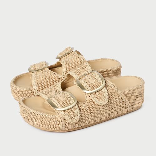 Arqa Raffia Platform Sandals for Women Open Toe Natural Straw Footbed Slides Comfortable Casual Adjustable Buckle Strap Woven Flatform Sandal Summer Beach Wedge Heel Slippers3