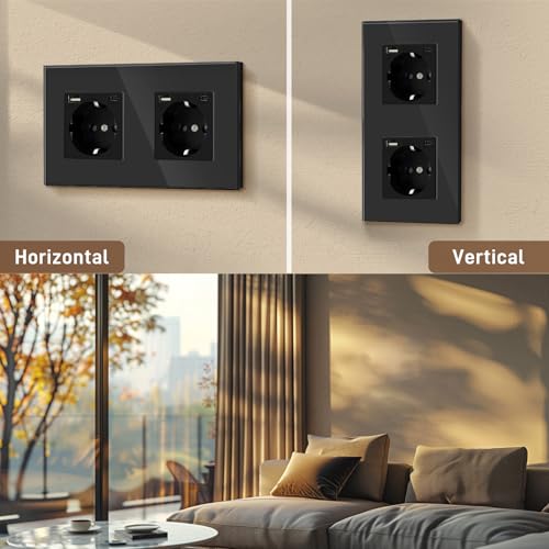 BSEED USB Steckdose Doppel Schwarz Schuko Steckdose mit USB Anschluss (Max. 2.1A) Typ C Port Unterputz Steckdose Glas Schutzkontakt-Steckdose Ladeger&auml;t f&uuml;r Handys, Laptops etc